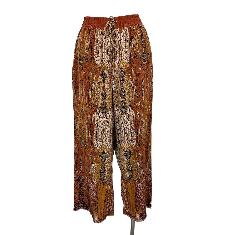 Elie Tahari Silk Raj Wide-Leg Pants Cropped Pull-On High Rise Brown Boho Multi M
